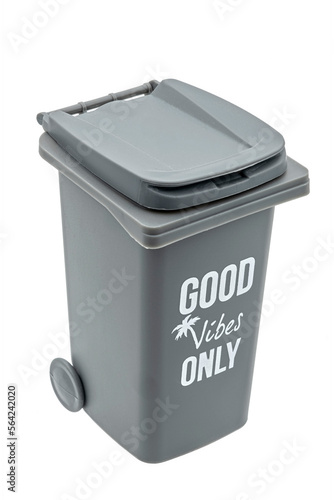 gray large plastic Trash can with GOOD VIBES ONLY text © Roberto Sorin