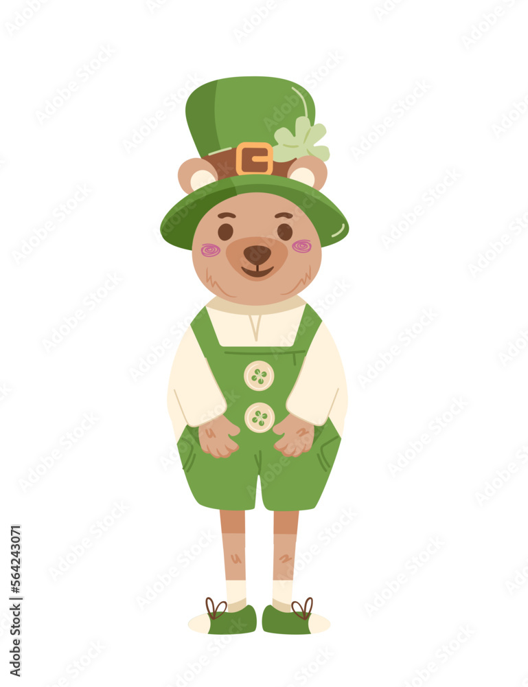 Little Bear with St. Patrick Costume - Hand Drawn - St. Patrick Animal Little Bear with St. Patrick Costume - Hand Drawn - St. Patrick Animal