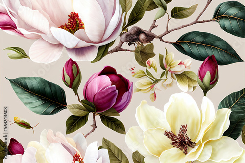 Composition pattern magnolia flowers and peonies with branches and leaves on a light background. Holiday greeting with space for text, wedding, Valentine's Day, Women's Day. Natural. Generative AI