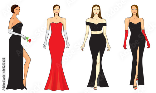 Fashion illustration of outline young women in evening gowns, vector set in color, isolated, on white background.