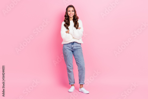 Full length photo of sweet confident woman dressed white pullover arms crossed isolated pink color background