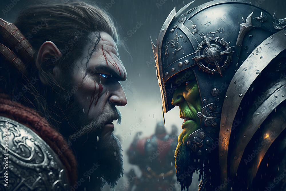 Battle of orcs and paladins, the world of warcraft. A man and an orc face to face, the confrontation of the warriors. Orcs and men in armor - obrazy, fototapety, plakaty 
