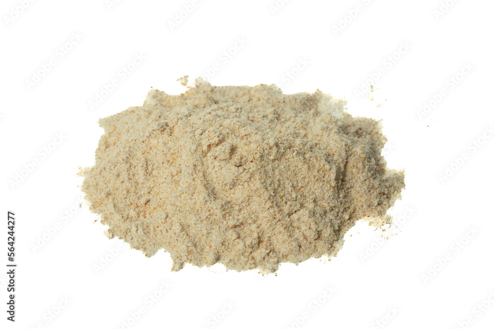 Obraz premium Close up Pile seasoning powder explosion flying, Beige brown seasoning powder wave floating fall down in air. Seasoning powder is element material. Eyeshadow crush for make up artist. White background