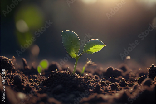 Fresh young sprouts grow out of the ground in the sunset light, the concept of growing eco plants for food, nature and plants. Generative AI