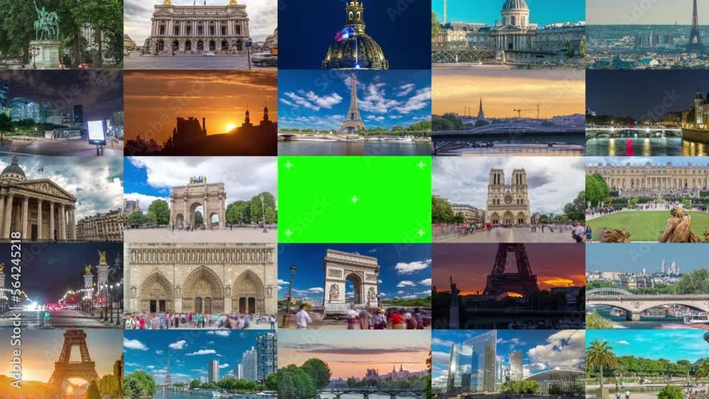 Green Chroma Key Screen Collage of Paris timelapse hyperlapse, France. Collection of footage with the most famous parisian landmarks like Eiffel tower, Triumphal Arch and other historic buildings Green Chroma Key Screen Collage of Paris timelapse hyperlapse, France. Collection of footage with the most famous parisian landmarks like Eiffel tower, Triumphal Arch and other historic buildings