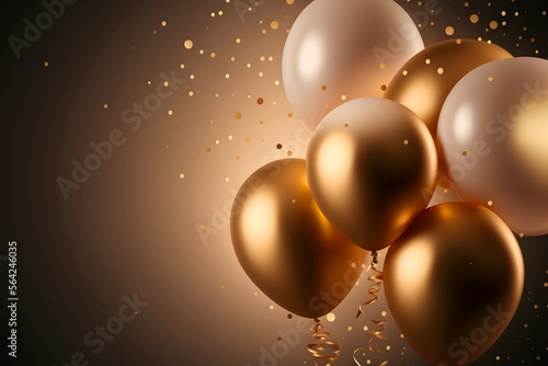 Golden balloons with confetti. Generative AI