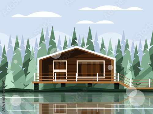 Modern house on the lake against the background of coniferous forest. Beautiful stilt cottage. Vector illustration