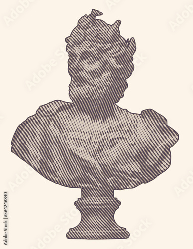 Antique male bust, park sculpture, bearded male character of mythology. Woodcut engraving style. Vector illustration photo