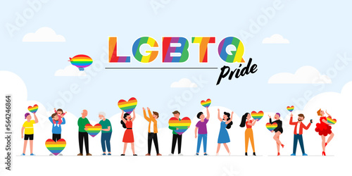 People hold lgbt rainbow and transgender flag during pride month celebration against violence  descrimination  human rights violation. Equality and self-affirmarmation.