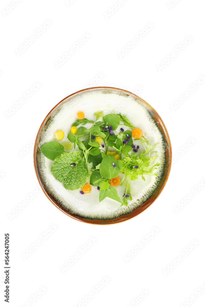 fresh vegetarian salad with microgreens and vegetables. white background fresh vegetarian salad with microgreens and vegetables. white background