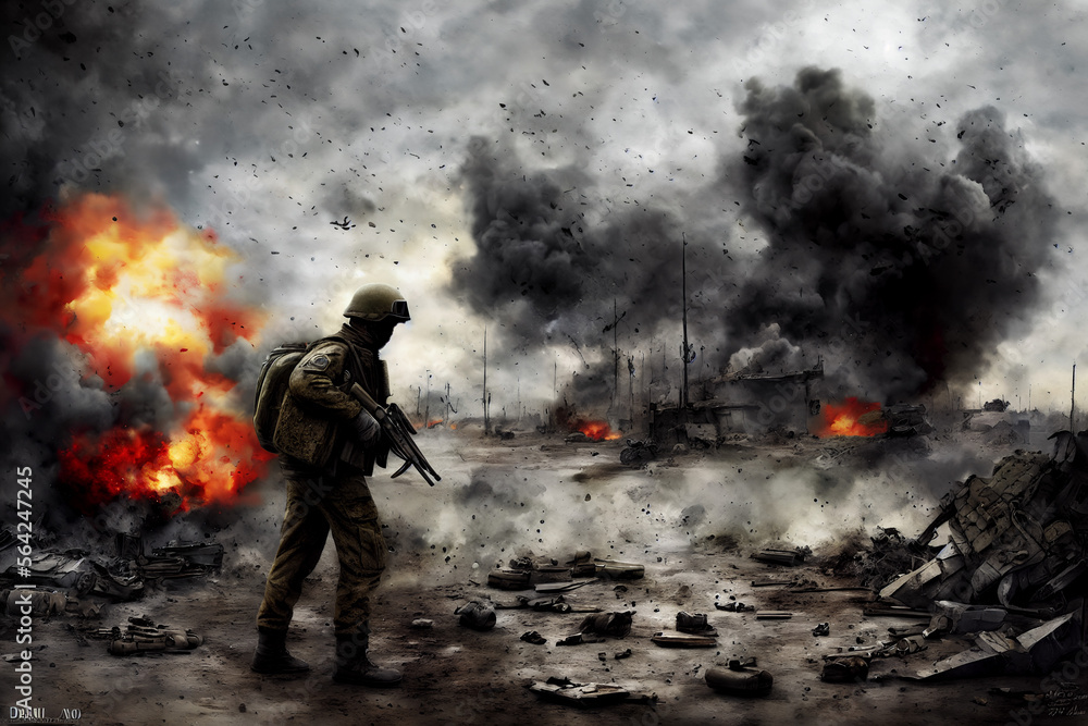 War in Ukraine, destroyed buildings in cities, explosions, army, tanks, created with Generative AI technology War in Ukraine, destroyed buildings in cities, explosions, army, tanks, created with Generative AI technology