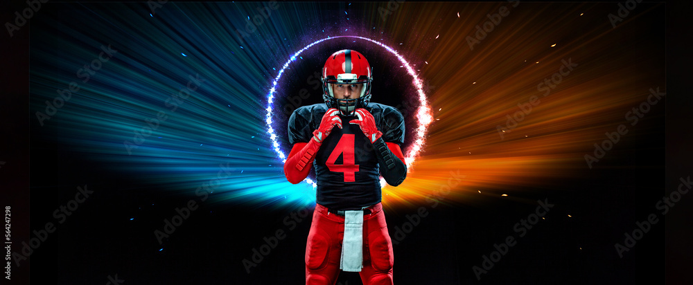 Fototapeta premium American football player. Download photo for sports betting advertisement. Website header. Sports design in neon glow. Sport and motivation wallpaper.