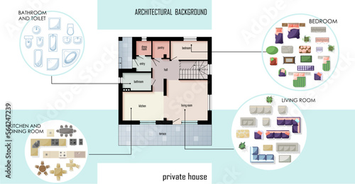 Floor Plan with furniture set top view for interior design of a house. Colored Architectural Technical floor plan. Three Bedrooms apartment architectural CAD drawing. Vector kit with design elements