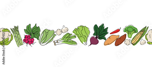 Outline vegetables seamless banner with colored elements . Collection different types of vegetables in line art drawing style.