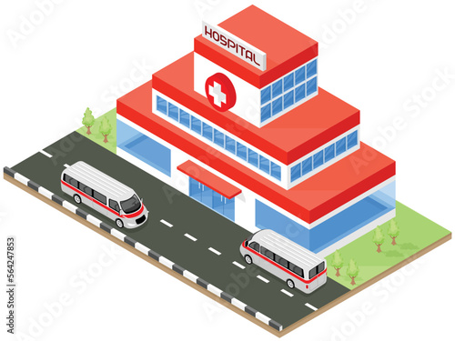 Building ambulance department in isometric design. Vector graphics
