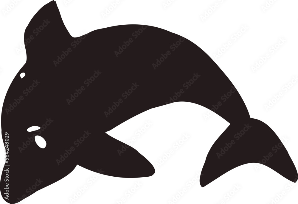 Fototapeta premium Vector drawing of a dolphin silhouette. In cartoon style, flat, painted black. On a white background, isolated.for the topic of environmental protection. Wildlife.