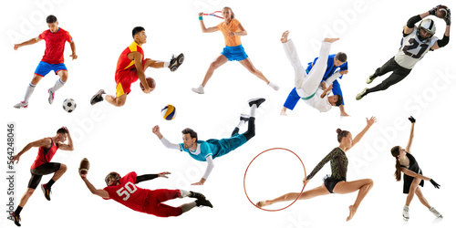 Collage  set of different professional sportsmen. Basketball  football  voleyball players in action over white background. Concept of sport  achievements  competition  championship. Poster