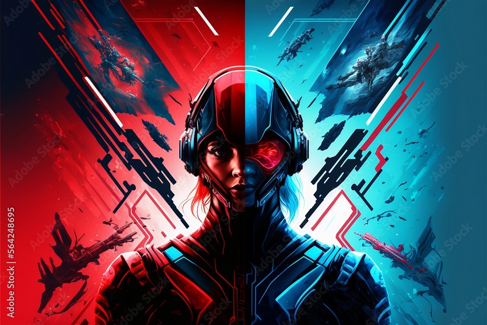 Two sides of the player in this futuristic game in red and blue, Generative Ai