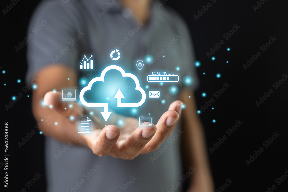 Naklejka premium Concept of data cloud computing. Cloud appear on hand businessman. analysis technology. connect devices information technology server innovation virtual. security data storage.