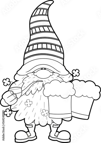 Outlined St. Patrick's Day Gnome Cartoon Character Holds Pipe And And Mug Of Beer. Vector Hand Drawn Illustration Isolated On Transparent Background