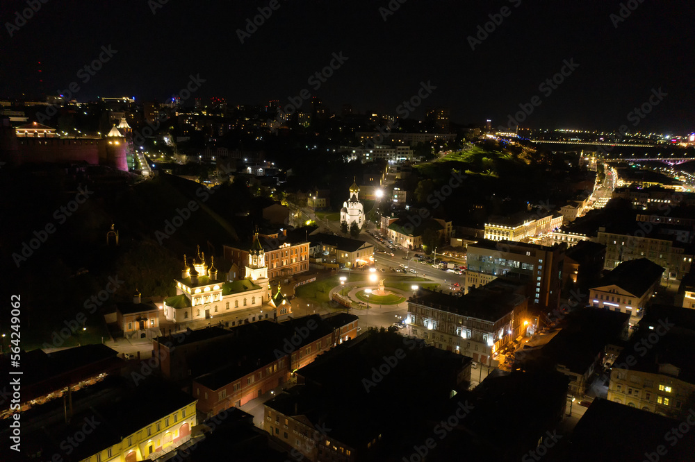 Nizhniy Novgorod at night, the historical center of the city, Kremlin. Aerial view.