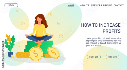 Pile of coins with meditating woman and money plant. Diagram. Profit, income, prosperity, financial success, business, investment concept. Vector illustration for banner, website.