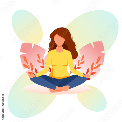 Woman meditating in nature and leaves. Concept illustration for yoga  meditation  relax  recreation  healthy lifestyle. illustration in flat cartoon style