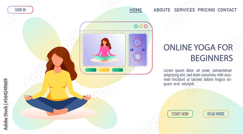 Laptop screen with videos of people doing yoga exercises on the mat. Online yoga classes, wellness, healthy lifestyle, sport, fitness concept. Vector illustration for poster, banner, website.