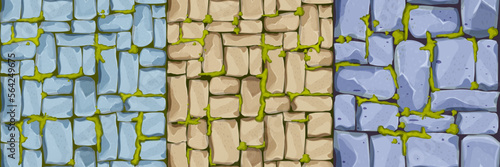 Set Stone wall, pavement from bricks, rocks with moss , game background in cartoon style, seamless textured surface. Ui game asset, road or floor material