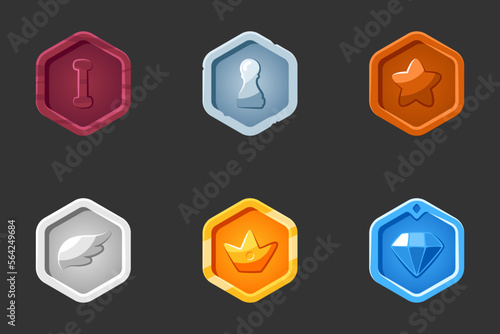 Rank icons set. Isolated vector illustration of mobile game sprites. Design for stickers, logo, mobile app. Arcade or match 3 2d graphics game asset. Flat rank sprites sheet.