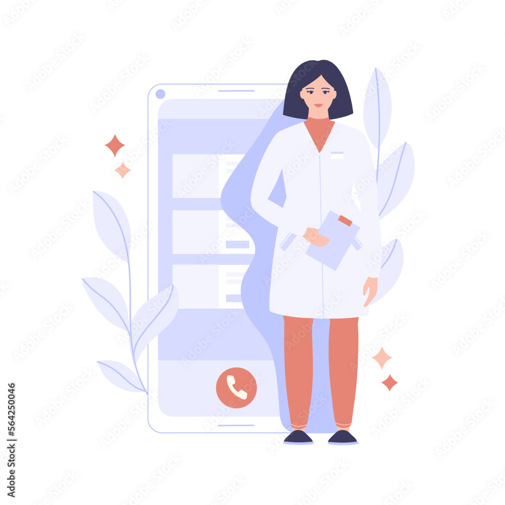 Online healthcare and medical concept. Phone consultation with a doctor. Emergency assistance at any time using a special mobile application. Vector illustration. Online healthcare and medical concept. Phone consultation with a doctor. Emergency assistance at any time using a special mobile application. Vector illustration.