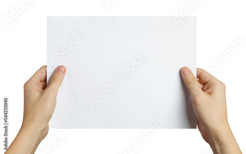 Hands holding a sheet of white paper cut out