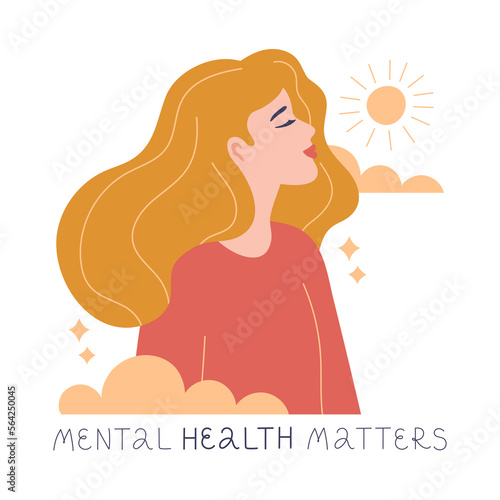 The girl enjoys the sun in the fresh air. Good habit to get out of the room for fresh air. mental health. Vector illustration.