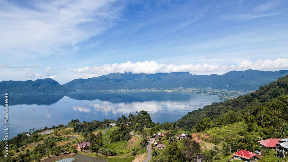 Aerial view of panorama of Maninjau Lake West Sumatra, Danau maninjau. sumatra, Indonesia