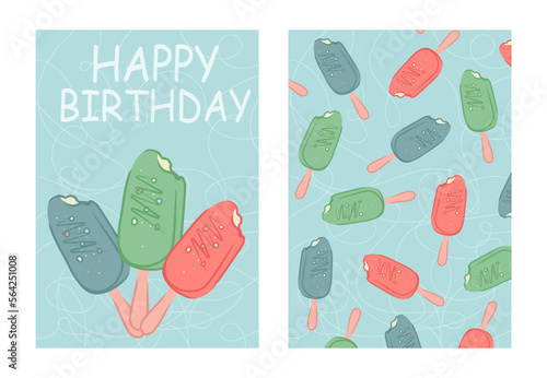 birthday greeting card set and seamless pattern with colorful birthday popsicles, candy bar background. Vector rectangular poster with a popsicle pattern