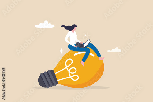 Idea or innovation to success, inspiration or solution to solve work problem, project planning, creativity or expertise concept, productive businesswoman working with computer laptop on big bulb idea.