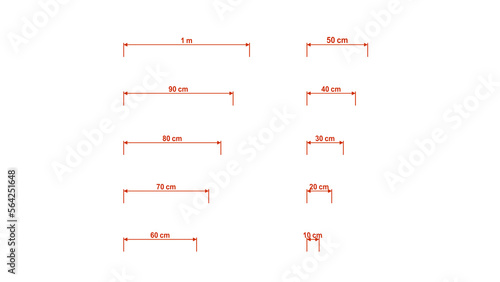 red dimensions from 100 cm to 10 cm isolated on white, PNG transparent background of misuramentys suitable for any drawings