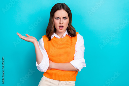 Картината върху платно Portrait of unsatisfied confused unhappy girl with straight hairdo wear white sh