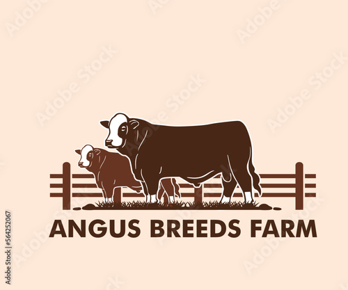 angus breeds farm logo, silhoouette of healthy bull standing vector illustrations