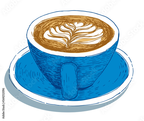 Cafe latte in blue cup hand drawn vector illustration.