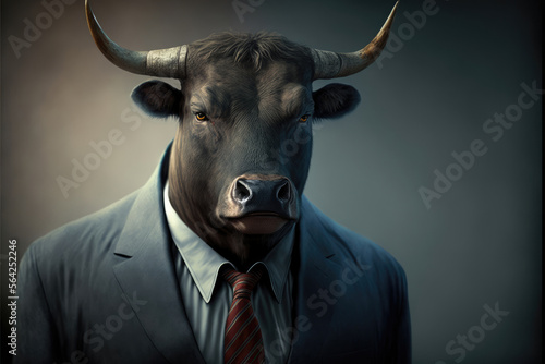portrait of a bull in a business suit, generative ai