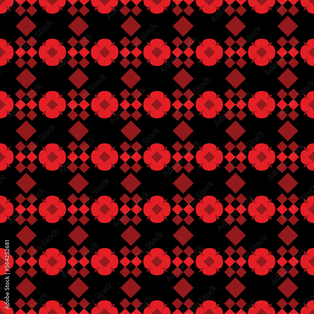 seamless pattern vector trendy fashion print red flower and geometric figures on black , classical Slavic retro ornament seamless pattern vector trendy fashion print red flower and geometric figures on black , classical Slavic retro ornament