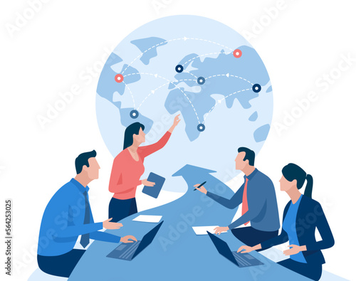 Global trade, investing. The business team sits at a table in the shape of an arrow pointing to a globe. Business vector illustration. 