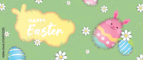 Easter day flat lay vector illustration for banner or background. Easter eggs laying in grass with flowers.