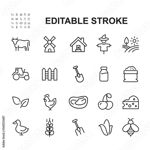 Agriculture Related Vector Line Icons Simple Set. Contains such as shovels, windmills, animals and many more.