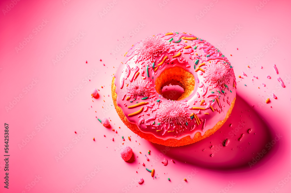 Donut with pink glaze and colorful sprinkles on pink background. Generative AI