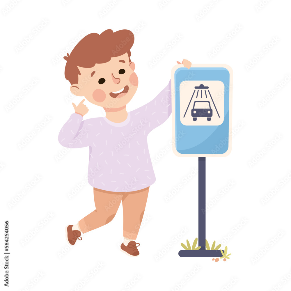 Cute Boy Standing Near Car Wash Traffic Sign on Pole Learning Rules of Road Vector Illustration Cute Boy Standing Near Car Wash Traffic Sign on Pole Learning Rules of Road Vector Illustration