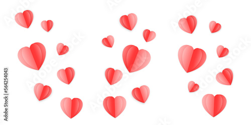 Valentine's day background with red hearts like balloons on white background, flat lay, clipping path. Vector EPS 10