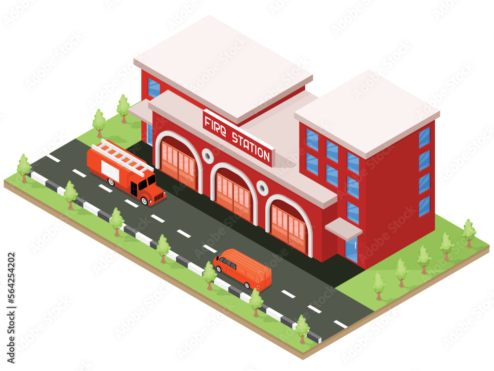 Fire station building. Isometric design. Vector graphics