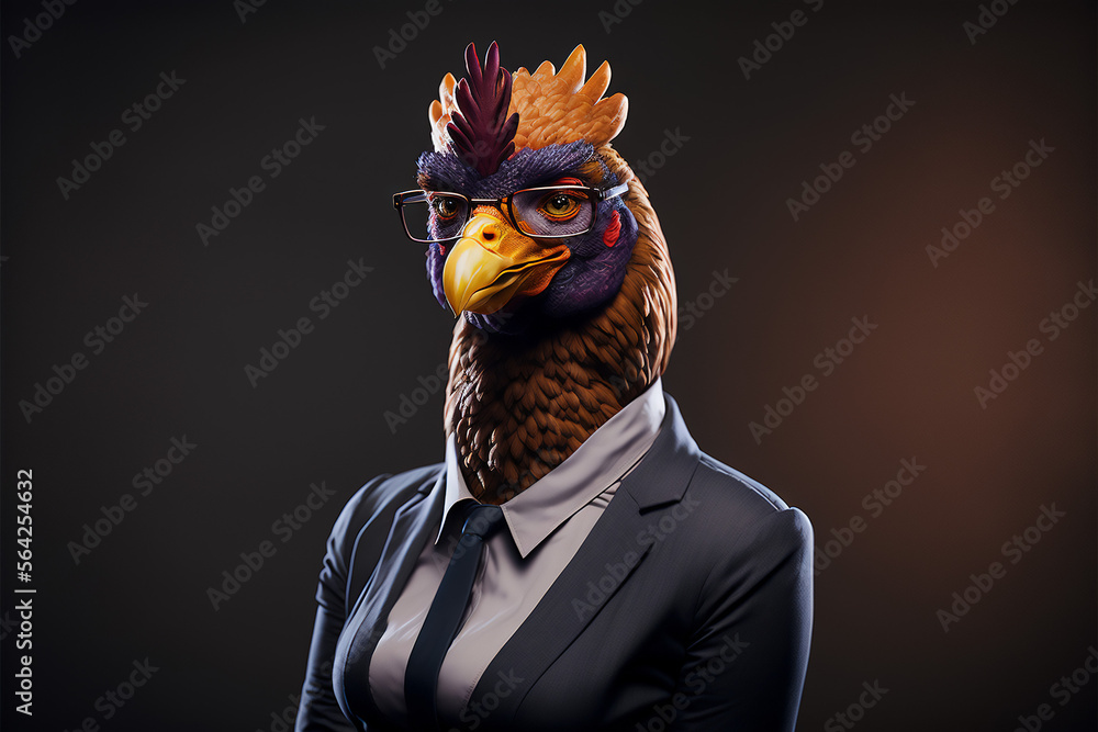 Portrait female chicken in a business suit, on an isolated background, generative ai